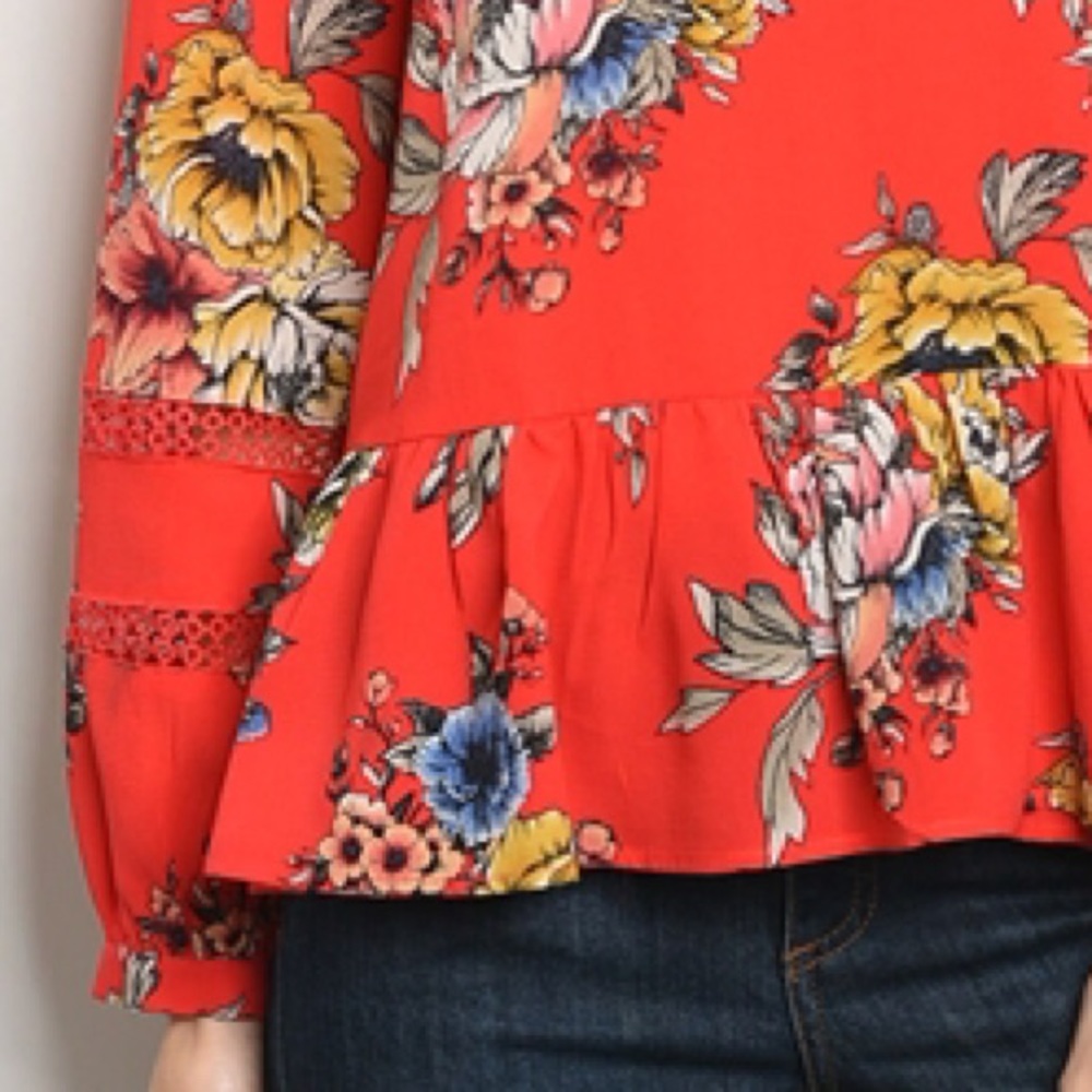 Coral Red Floral Peplum Long Sleeve Blouse - Picture 4 of 5